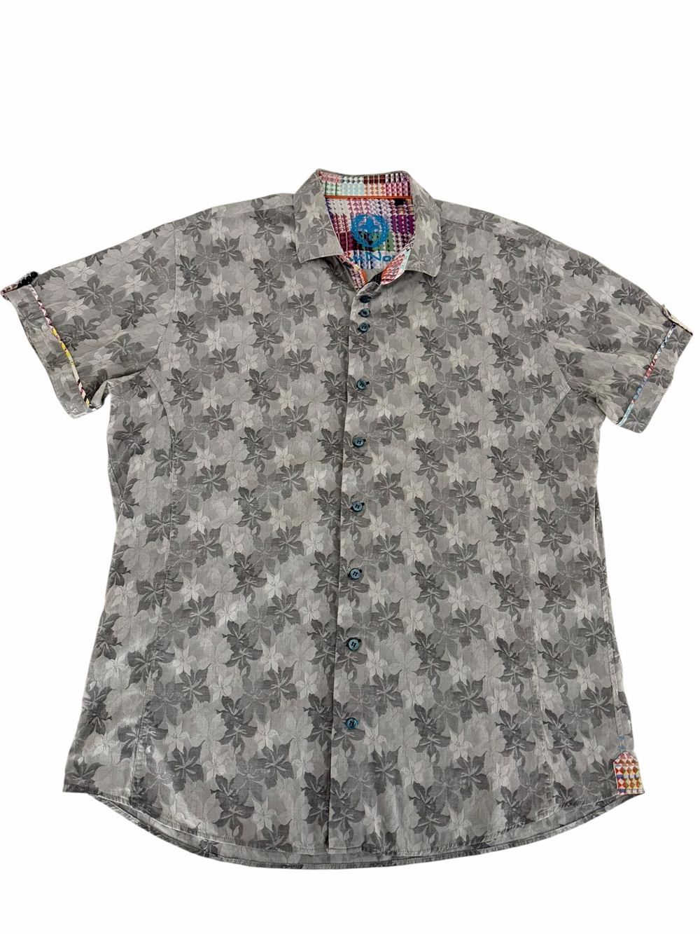 AU NOIR Grey Floral Button-Up Short Sleeve Cotton Shirt xl